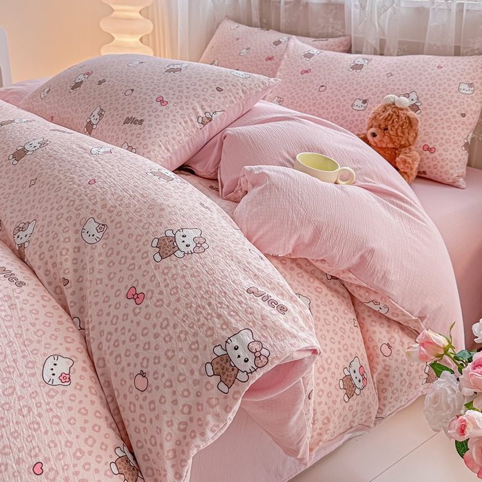 91家纺网 家纺一手货源 找家纺 侯先生家纺新款直播爆款云感双层纱皱皱纱四件套小清新水洗棉床笠 蜜桃KT