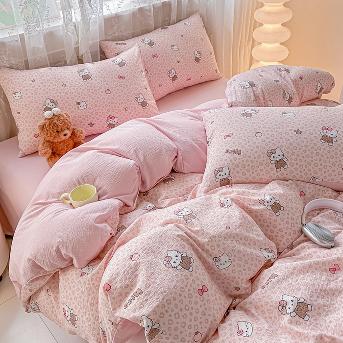 91家纺网 家纺一手货源 找家纺 侯先生家纺新款直播爆款云感双层纱皱皱纱四件套小清新水洗棉床笠 蜜桃KT