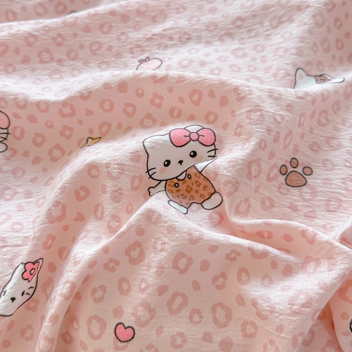 91家纺网 家纺一手货源 找家纺 侯先生家纺新款直播爆款云感双层纱皱皱纱四件套小清新水洗棉床笠 蜜桃KT