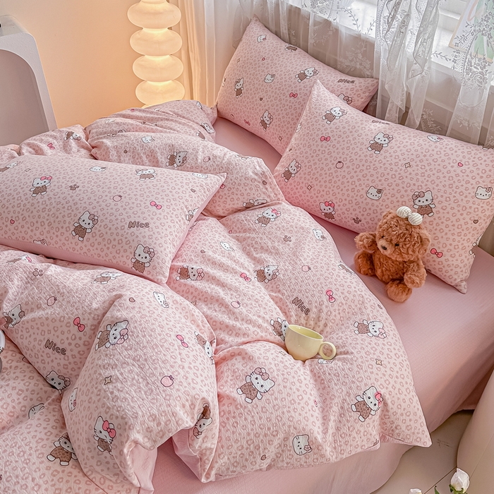 91家纺网 家纺一手货源 找家纺 侯先生家纺新款直播爆款云感双层纱皱皱纱四件套小清新水洗棉床笠 蜜桃KT