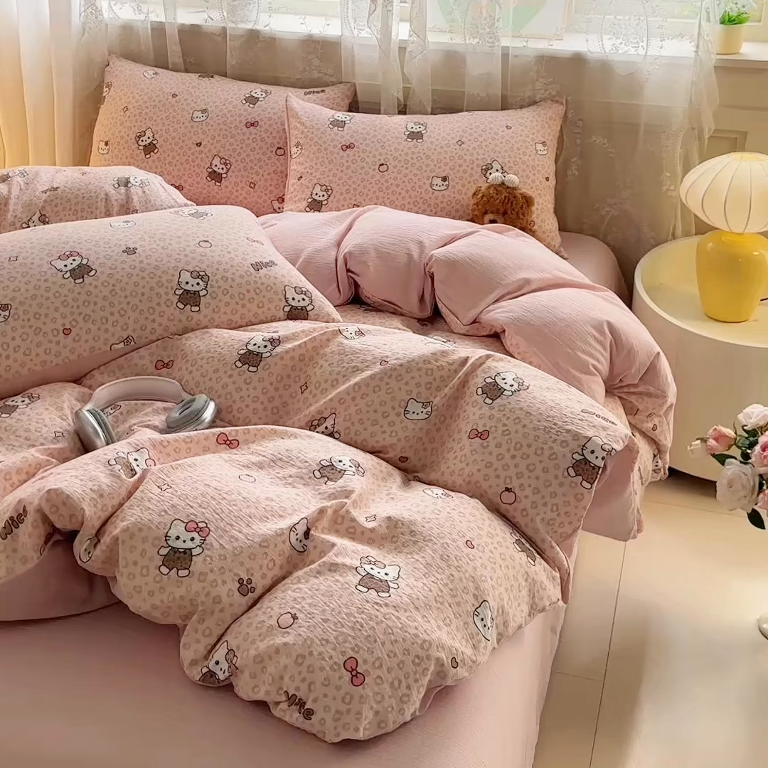 91家纺网 家纺一手货源 找家纺 侯先生家纺新款直播爆款云感双层纱皱皱纱四件套小清新水洗棉床笠 蜜桃KT