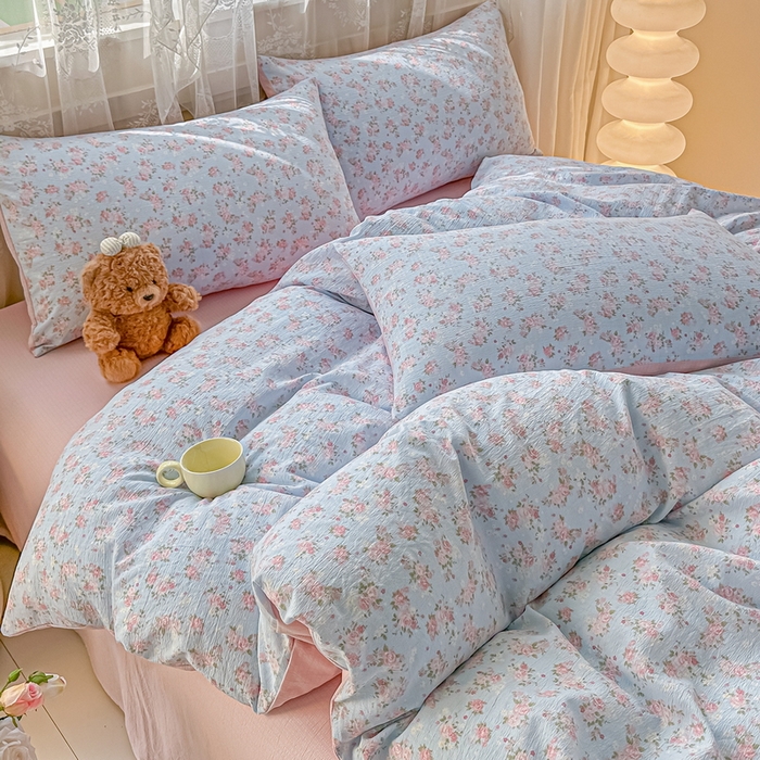 91家纺网 家纺一手货源 找家纺 侯先生家纺新款直播爆款云感双层纱皱皱纱四件套小清新水洗棉床笠 暖玉繁花