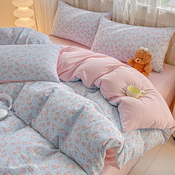 侯先生家纺新款直播爆款云感双层纱皱皱纱四件套小清新水洗棉床笠 暖玉繁花