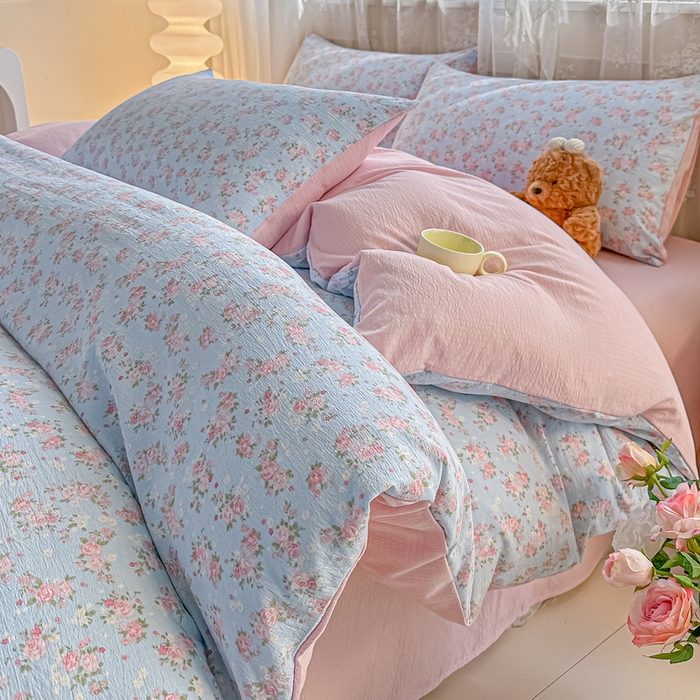 91家纺网 家纺一手货源 找家纺 侯先生家纺新款直播爆款云感双层纱皱皱纱四件套小清新水洗棉床笠 暖玉繁花