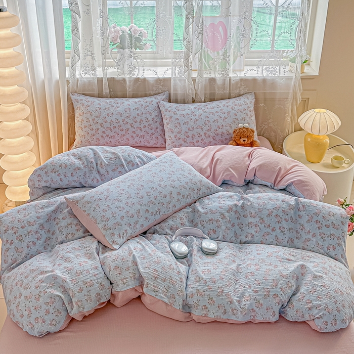 91家纺网 家纺一手货源 找家纺 侯先生家纺新款直播爆款云感双层纱皱皱纱四件套小清新水洗棉床笠 暖玉繁花