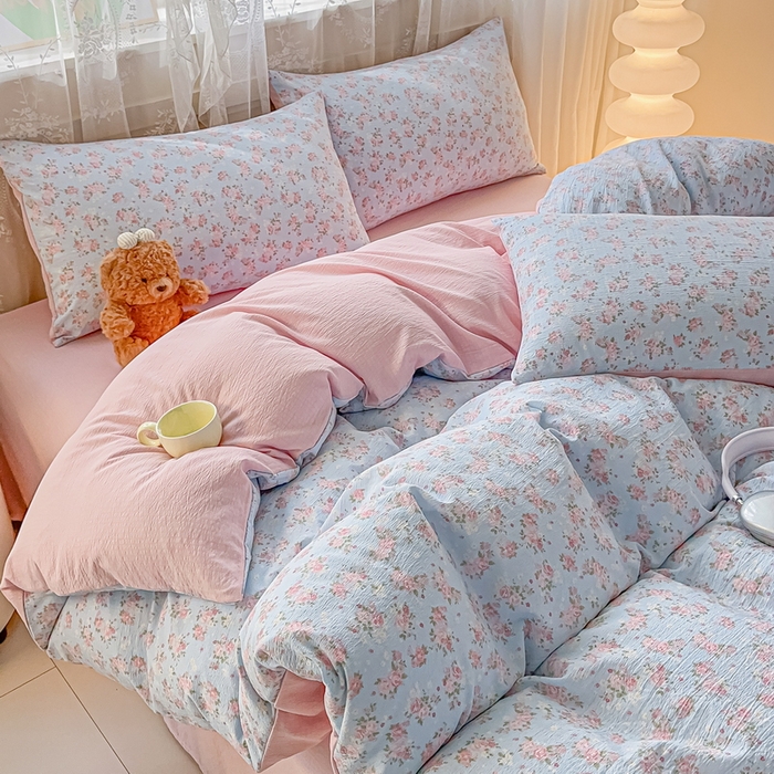 91家纺网 家纺一手货源 找家纺 侯先生家纺新款直播爆款云感双层纱皱皱纱四件套小清新水洗棉床笠 暖玉繁花