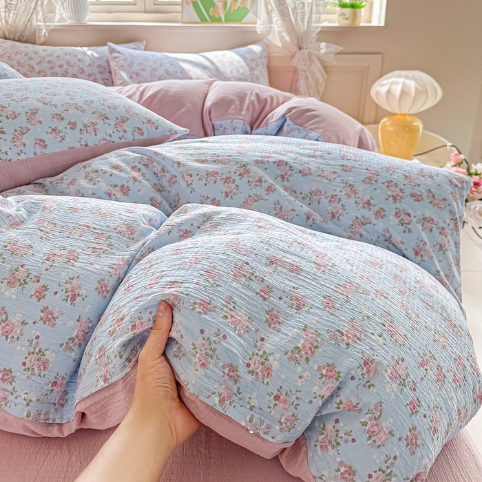 91家纺网 家纺一手货源 找家纺 侯先生家纺新款直播爆款云感双层纱皱皱纱四件套小清新水洗棉床笠 暖玉繁花