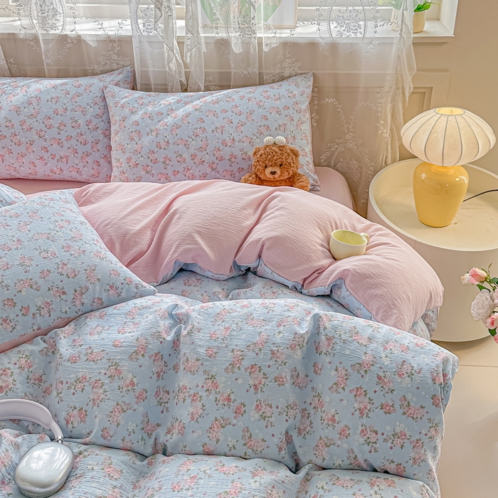 91家纺网 家纺一手货源 找家纺 侯先生家纺新款直播爆款云感双层纱皱皱纱四件套小清新水洗棉床笠 暖玉繁花