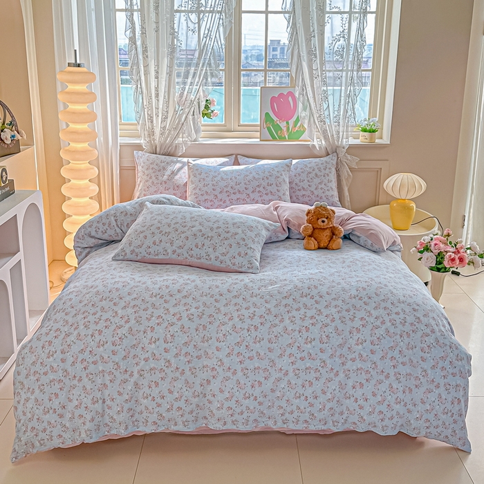 91家纺网 家纺一手货源 找家纺 侯先生家纺新款直播爆款云感双层纱皱皱纱四件套小清新水洗棉床笠 暖玉繁花