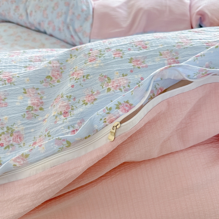 91家纺网 家纺一手货源 找家纺 侯先生家纺新款直播爆款云感双层纱皱皱纱四件套小清新水洗棉床笠 暖玉繁花