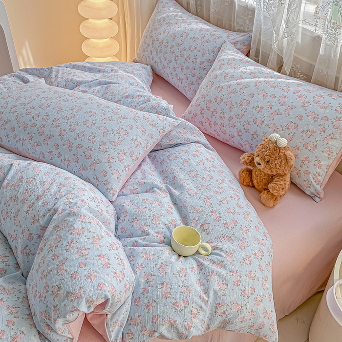 91家纺网 家纺一手货源 找家纺 侯先生家纺新款直播爆款云感双层纱皱皱纱四件套小清新水洗棉床笠 暖玉繁花