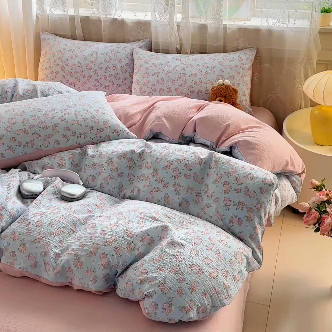 91家纺网 家纺一手货源 找家纺 侯先生家纺新款直播爆款云感双层纱皱皱纱四件套小清新水洗棉床笠 暖玉繁花