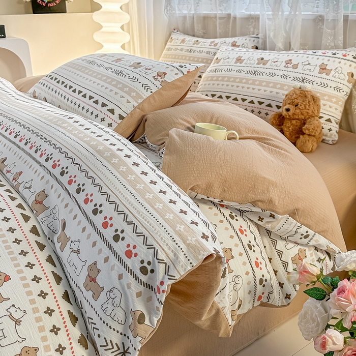 91家纺网 家纺一手货源 找家纺 侯先生家纺新款直播爆款云感双层纱皱皱纱四件套小清新水洗棉床笠 派对狗