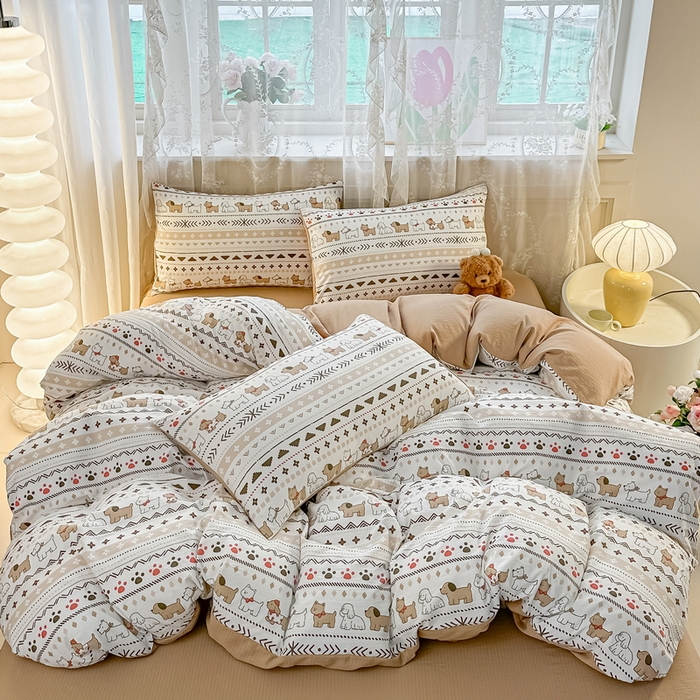 91家纺网 家纺一手货源 找家纺 侯先生家纺新款直播爆款云感双层纱皱皱纱四件套小清新水洗棉床笠 派对狗