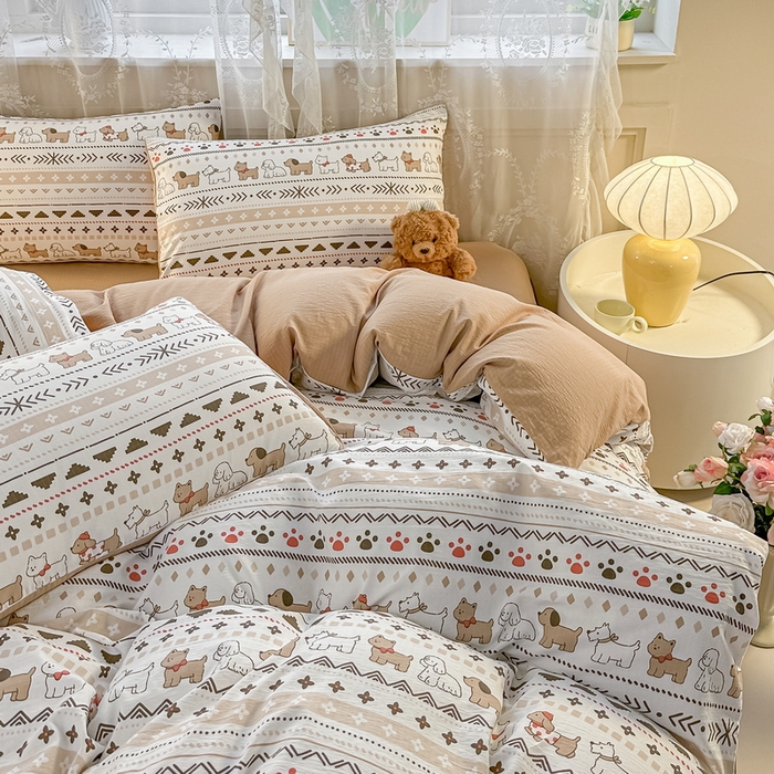 91家纺网 家纺一手货源 找家纺 侯先生家纺新款直播爆款云感双层纱皱皱纱四件套小清新水洗棉床笠 派对狗