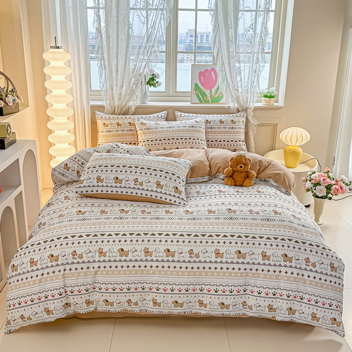 91家纺网 家纺一手货源 找家纺 侯先生家纺新款直播爆款云感双层纱皱皱纱四件套小清新水洗棉床笠 派对狗