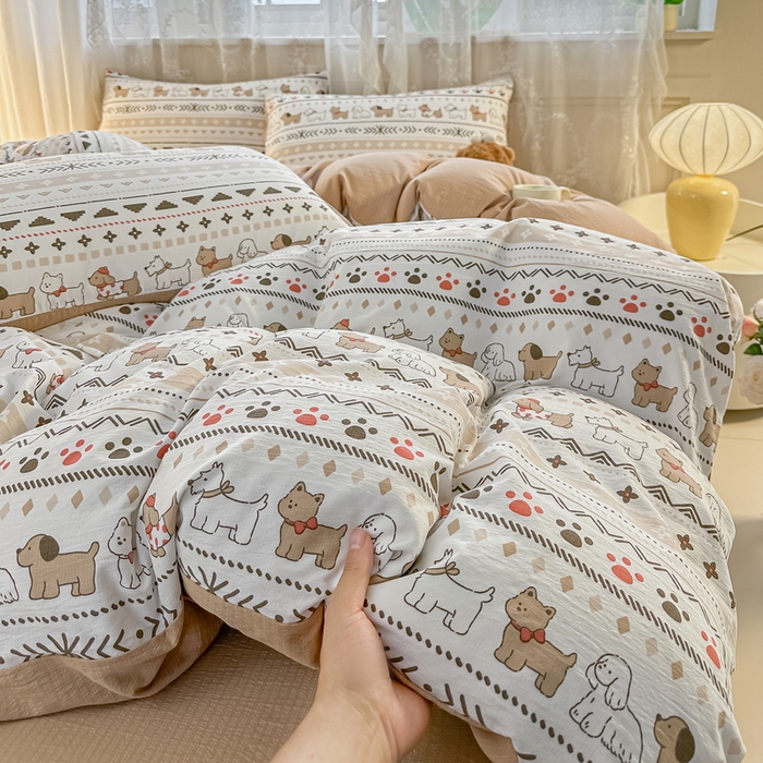 91家纺网 家纺一手货源 找家纺 侯先生家纺新款直播爆款云感双层纱皱皱纱四件套小清新水洗棉床笠 派对狗