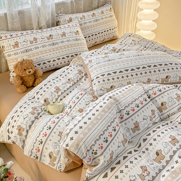 91家纺网 家纺一手货源 找家纺 侯先生家纺新款直播爆款云感双层纱皱皱纱四件套小清新水洗棉床笠 派对狗