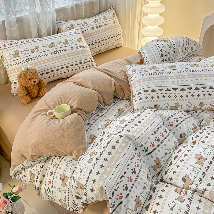 91家纺网 家纺一手货源 找家纺 侯先生家纺新款直播爆款云感双层纱皱皱纱四件套小清新水洗棉床笠 派对狗