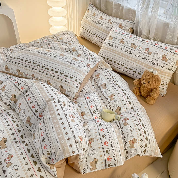 91家纺网 家纺一手货源 找家纺 侯先生家纺新款直播爆款云感双层纱皱皱纱四件套小清新水洗棉床笠 派对狗