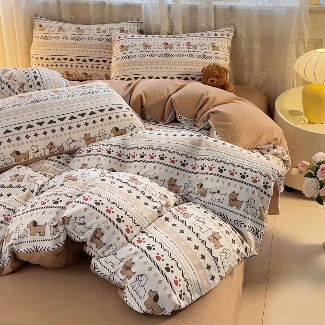 91家纺网 家纺一手货源 找家纺 侯先生家纺新款直播爆款云感双层纱皱皱纱四件套小清新水洗棉床笠 派对狗