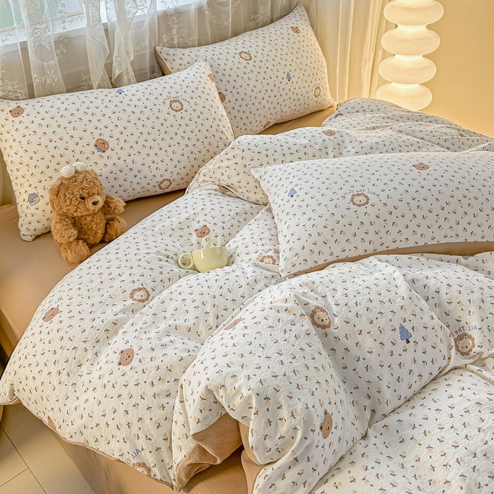 91家纺网 家纺一手货源 找家纺 侯先生家纺新款直播爆款云感双层纱皱皱纱四件套小清新水洗棉床笠 甜梦森林