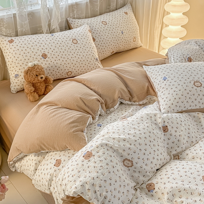 91家纺网 家纺一手货源 找家纺 侯先生家纺新款直播爆款云感双层纱皱皱纱四件套小清新水洗棉床笠 甜梦森林