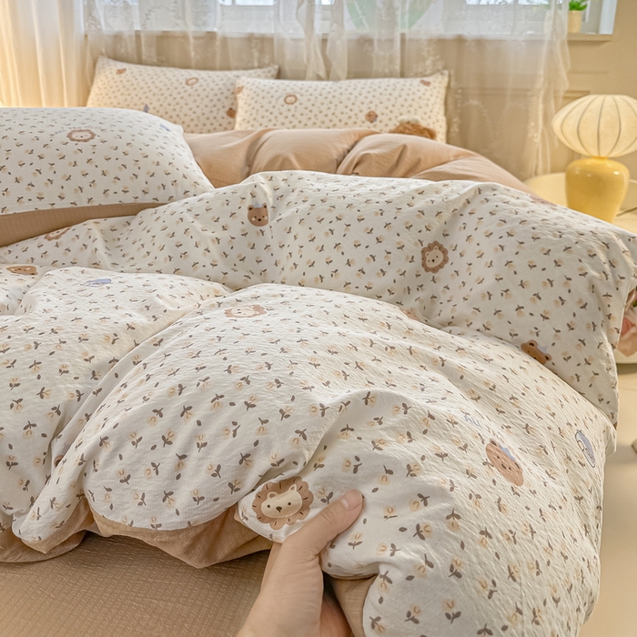 91家纺网 家纺一手货源 找家纺 侯先生家纺新款直播爆款云感双层纱皱皱纱四件套小清新水洗棉床笠 甜梦森林