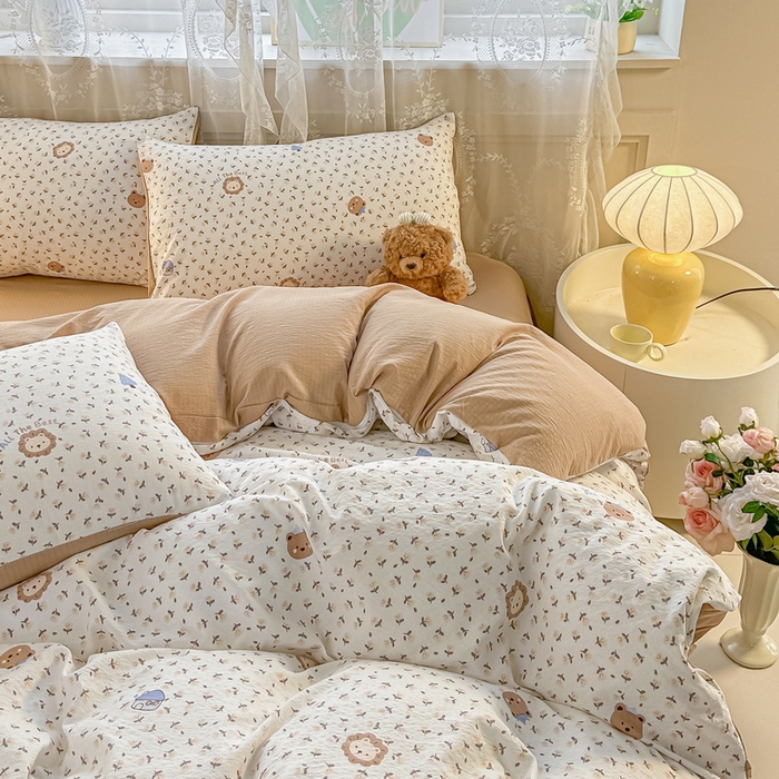 91家纺网 家纺一手货源 找家纺 侯先生家纺新款直播爆款云感双层纱皱皱纱四件套小清新水洗棉床笠 甜梦森林