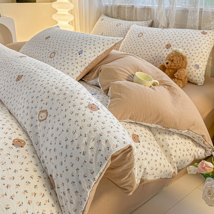 91家纺网 家纺一手货源 找家纺 侯先生家纺新款直播爆款云感双层纱皱皱纱四件套小清新水洗棉床笠 甜梦森林