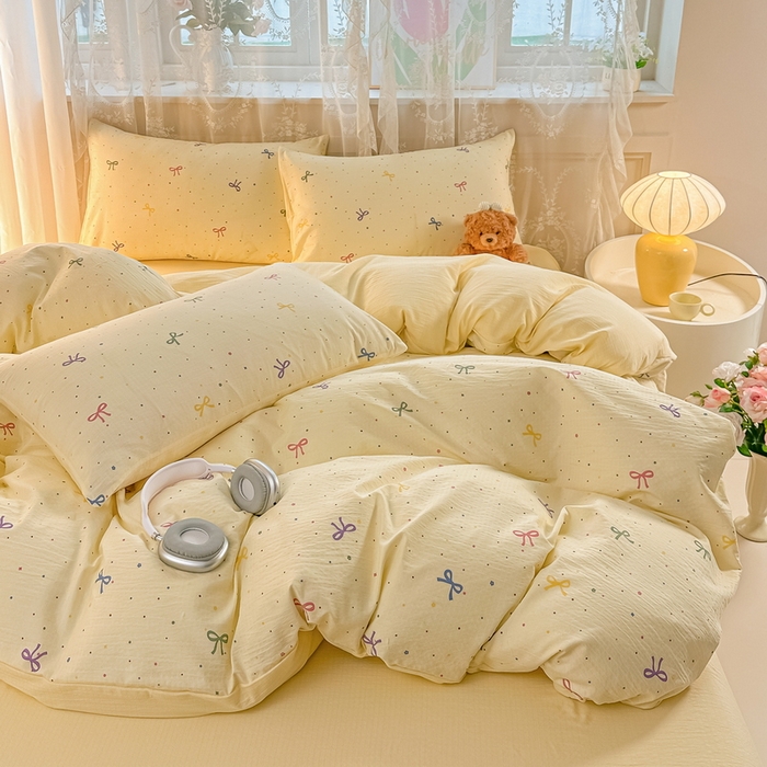 91家纺网 家纺一手货源 找家纺 侯先生家纺新款直播爆款云感双层纱皱皱纱四件套小清新水洗棉床笠 甜系小蝶