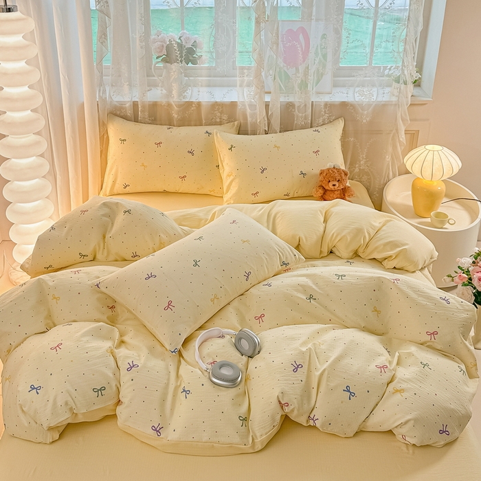 91家纺网 家纺一手货源 找家纺 侯先生家纺新款直播爆款云感双层纱皱皱纱四件套小清新水洗棉床笠 甜系小蝶