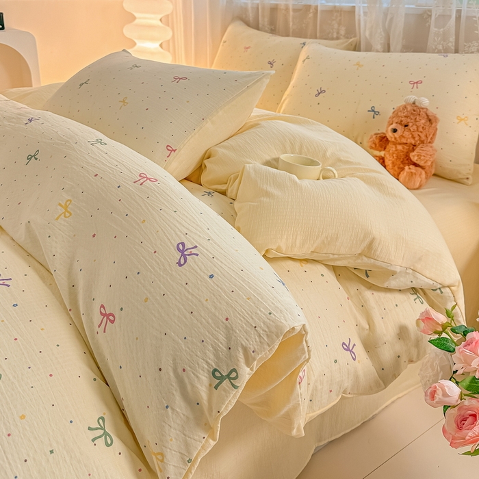 91家纺网 家纺一手货源 找家纺 侯先生家纺新款直播爆款云感双层纱皱皱纱四件套小清新水洗棉床笠 甜系小蝶