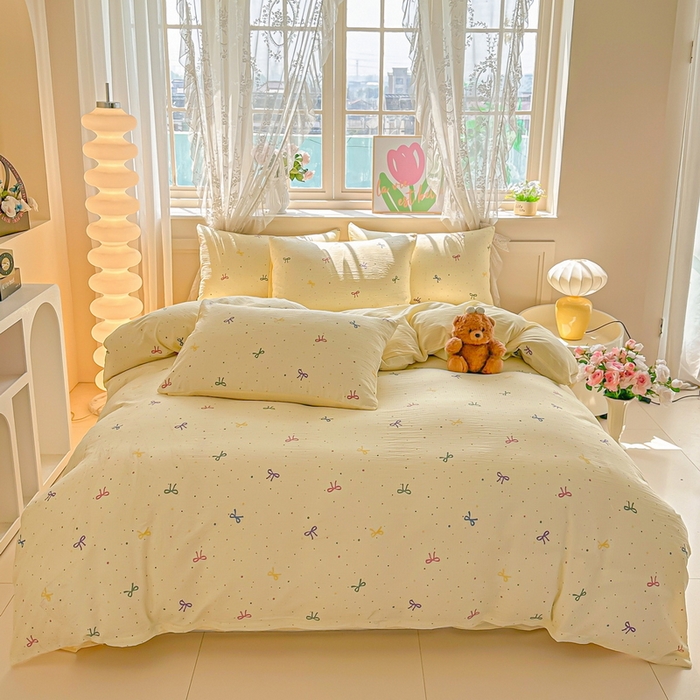 91家纺网 家纺一手货源 找家纺 侯先生家纺新款直播爆款云感双层纱皱皱纱四件套小清新水洗棉床笠 甜系小蝶