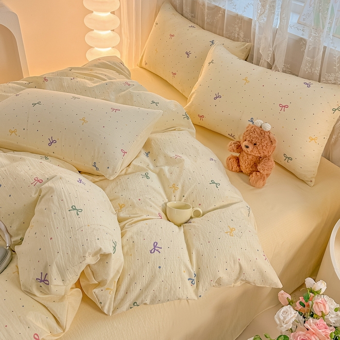 91家纺网 家纺一手货源 找家纺 侯先生家纺新款直播爆款云感双层纱皱皱纱四件套小清新水洗棉床笠 甜系小蝶