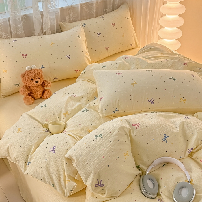 91家纺网 家纺一手货源 找家纺 侯先生家纺新款直播爆款云感双层纱皱皱纱四件套小清新水洗棉床笠 甜系小蝶