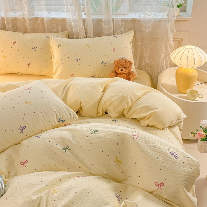 91家纺网 家纺一手货源 找家纺 侯先生家纺新款直播爆款云感双层纱皱皱纱四件套小清新水洗棉床笠 甜系小蝶