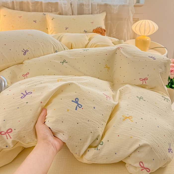 91家纺网 家纺一手货源 找家纺 侯先生家纺新款直播爆款云感双层纱皱皱纱四件套小清新水洗棉床笠 甜系小蝶