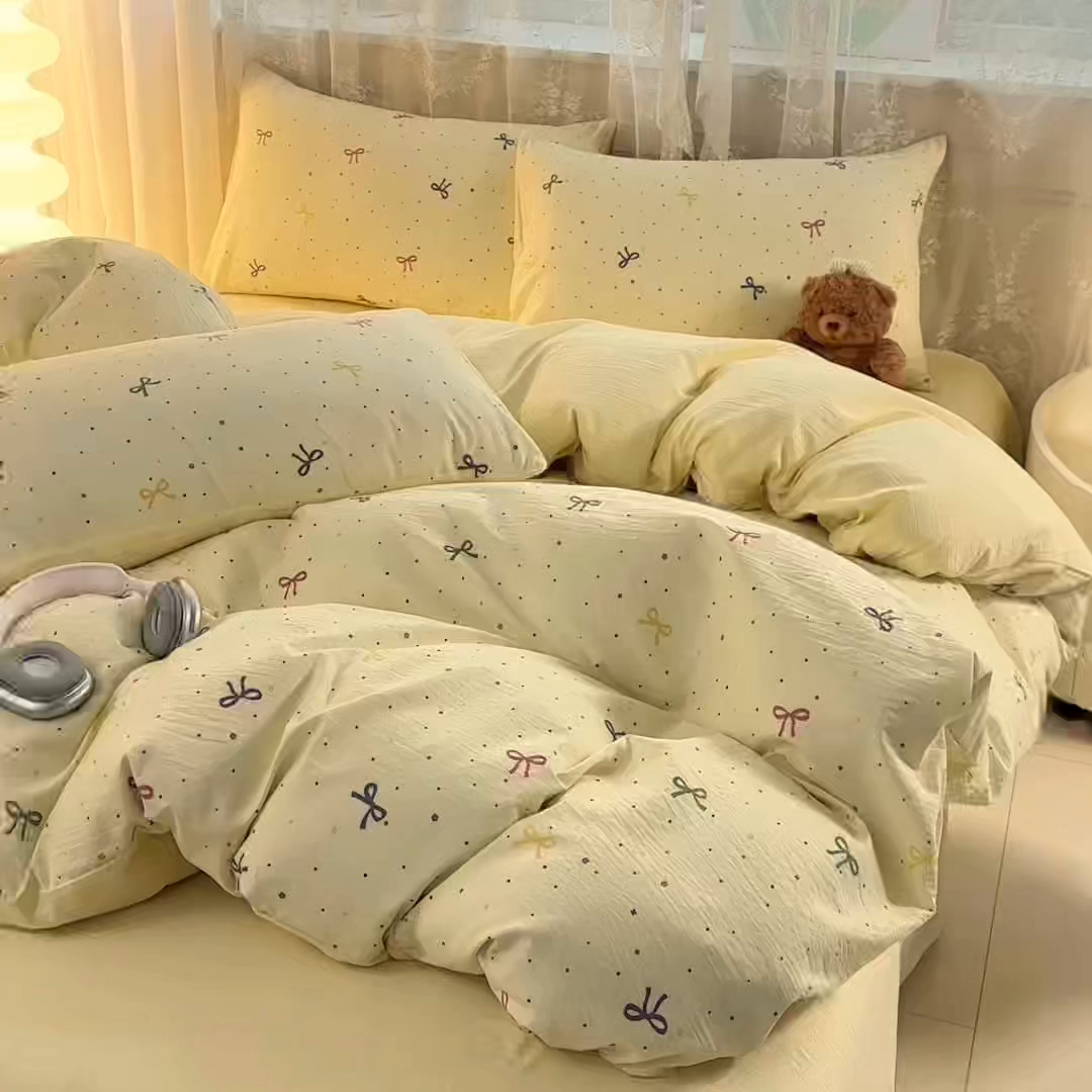 91家纺网 家纺一手货源 找家纺 侯先生家纺新款直播爆款云感双层纱皱皱纱四件套小清新水洗棉床笠 甜系小蝶