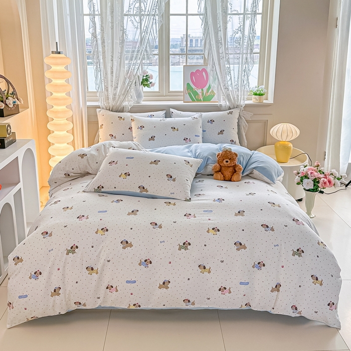 91家纺网 家纺一手货源 找家纺 侯先生家纺新款直播爆款云感双层纱皱皱纱四件套小清新水洗棉床笠 童趣小狗