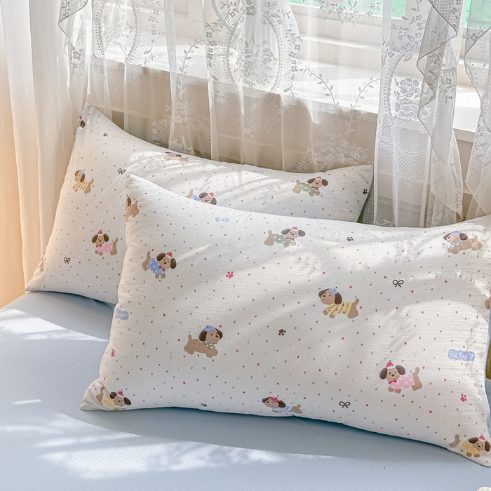 91家纺网 家纺一手货源 找家纺 侯先生家纺新款直播爆款云感双层纱皱皱纱四件套小清新水洗棉床笠 童趣小狗