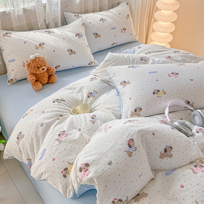 91家纺网 家纺一手货源 找家纺 侯先生家纺新款直播爆款云感双层纱皱皱纱四件套小清新水洗棉床笠 童趣小狗