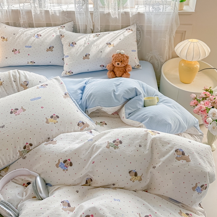 91家纺网 家纺一手货源 找家纺 侯先生家纺新款直播爆款云感双层纱皱皱纱四件套小清新水洗棉床笠 童趣小狗