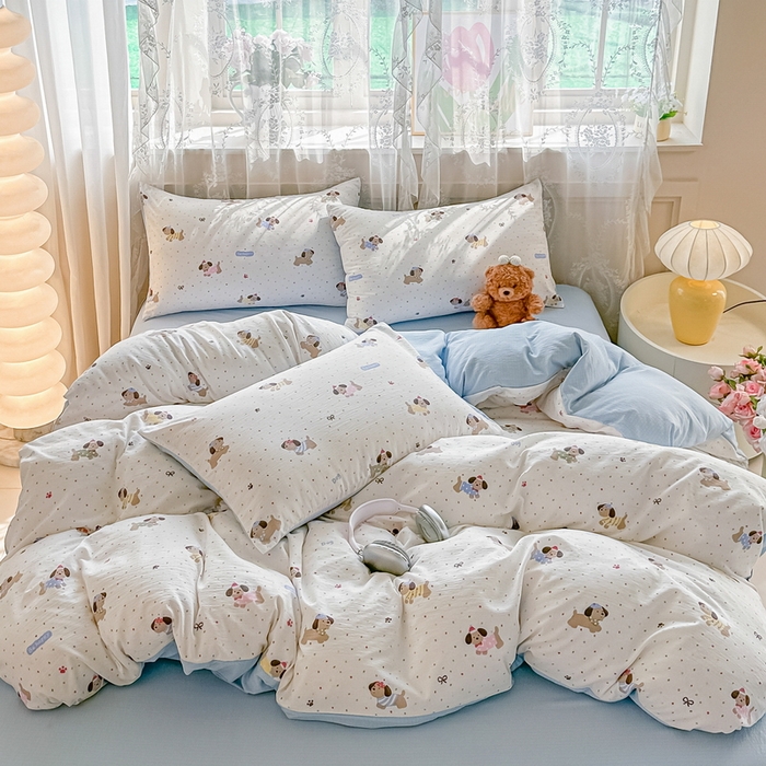 91家纺网 家纺一手货源 找家纺 侯先生家纺新款直播爆款云感双层纱皱皱纱四件套小清新水洗棉床笠 童趣小狗