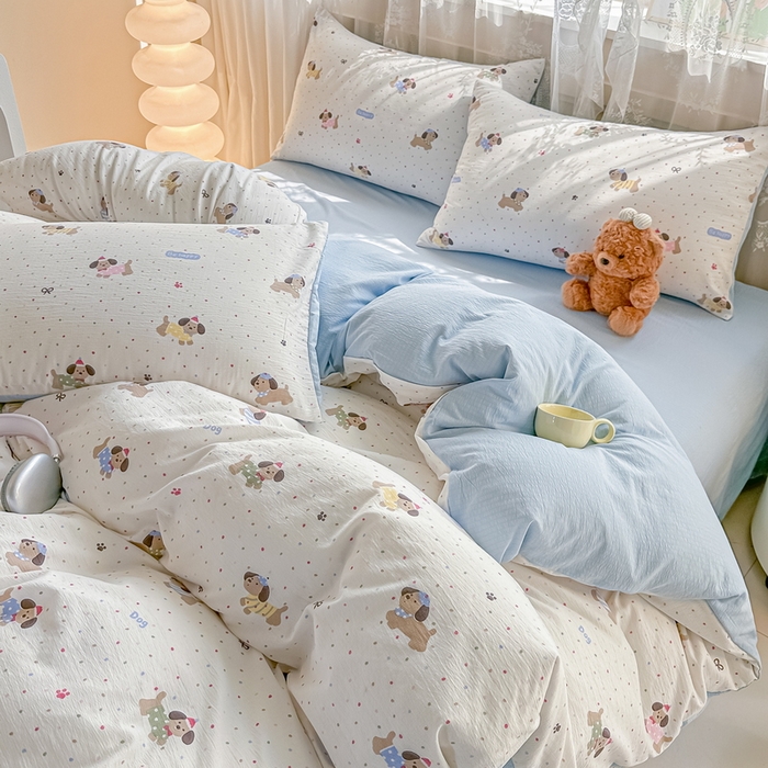 侯先生家纺新款直播爆款云感双层纱皱皱纱四件套小清新水洗棉床笠 童趣小狗