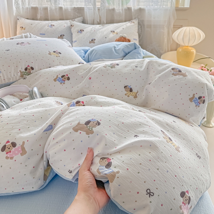 91家纺网 家纺一手货源 找家纺 侯先生家纺新款直播爆款云感双层纱皱皱纱四件套小清新水洗棉床笠 童趣小狗