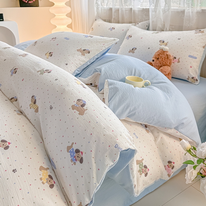 91家纺网 家纺一手货源 找家纺 侯先生家纺新款直播爆款云感双层纱皱皱纱四件套小清新水洗棉床笠 童趣小狗