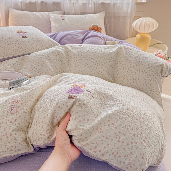 91家纺网 家纺一手货源 找家纺 侯先生家纺新款直播爆款云感双层纱皱皱纱四件套小清新水洗棉床笠 小花萝莉