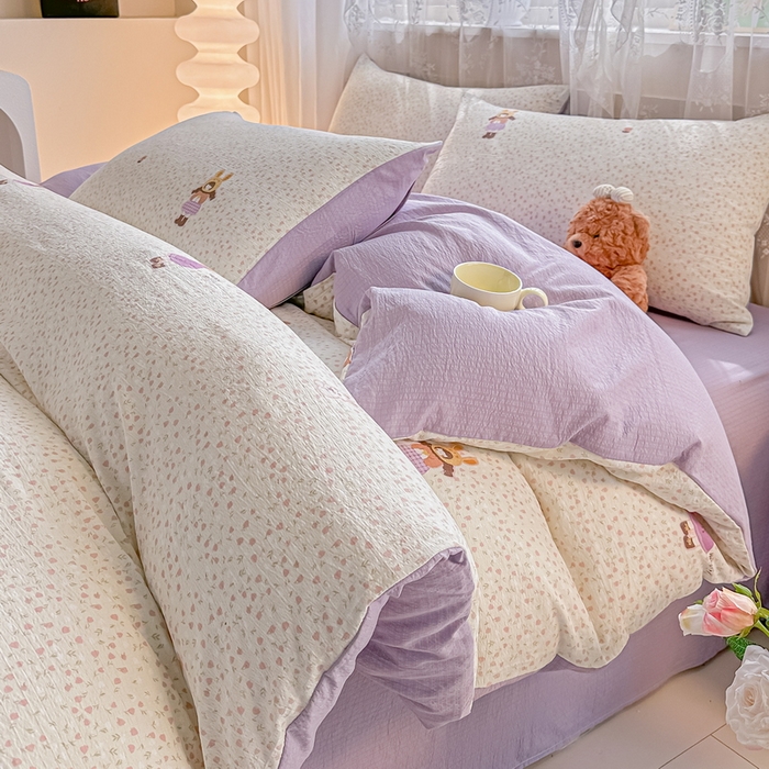 91家纺网 家纺一手货源 找家纺 侯先生家纺新款直播爆款云感双层纱皱皱纱四件套小清新水洗棉床笠 小花萝莉