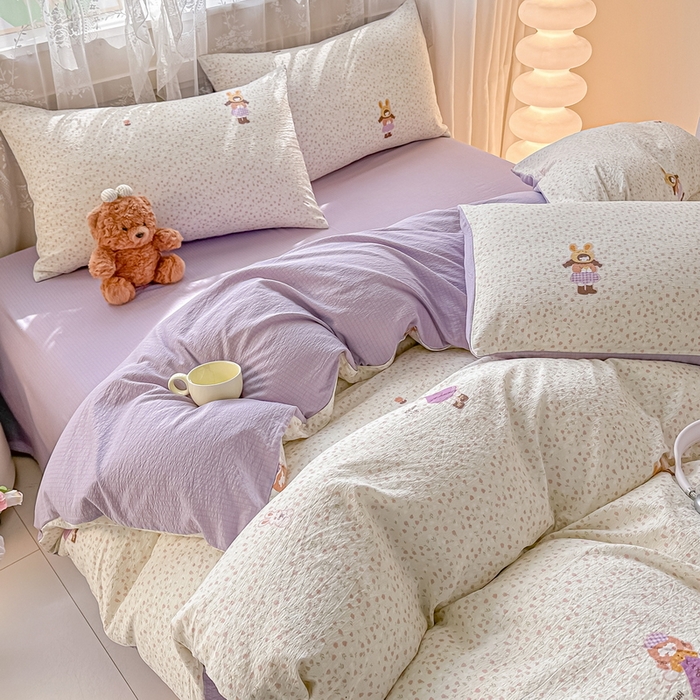 91家纺网 家纺一手货源 找家纺 侯先生家纺新款直播爆款云感双层纱皱皱纱四件套小清新水洗棉床笠 小花萝莉